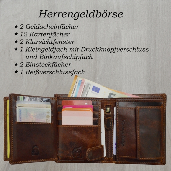 flevado Herren Geldbörse Biker Börse mit Totenkopf Vintage Leder RFID Schutz (braun)